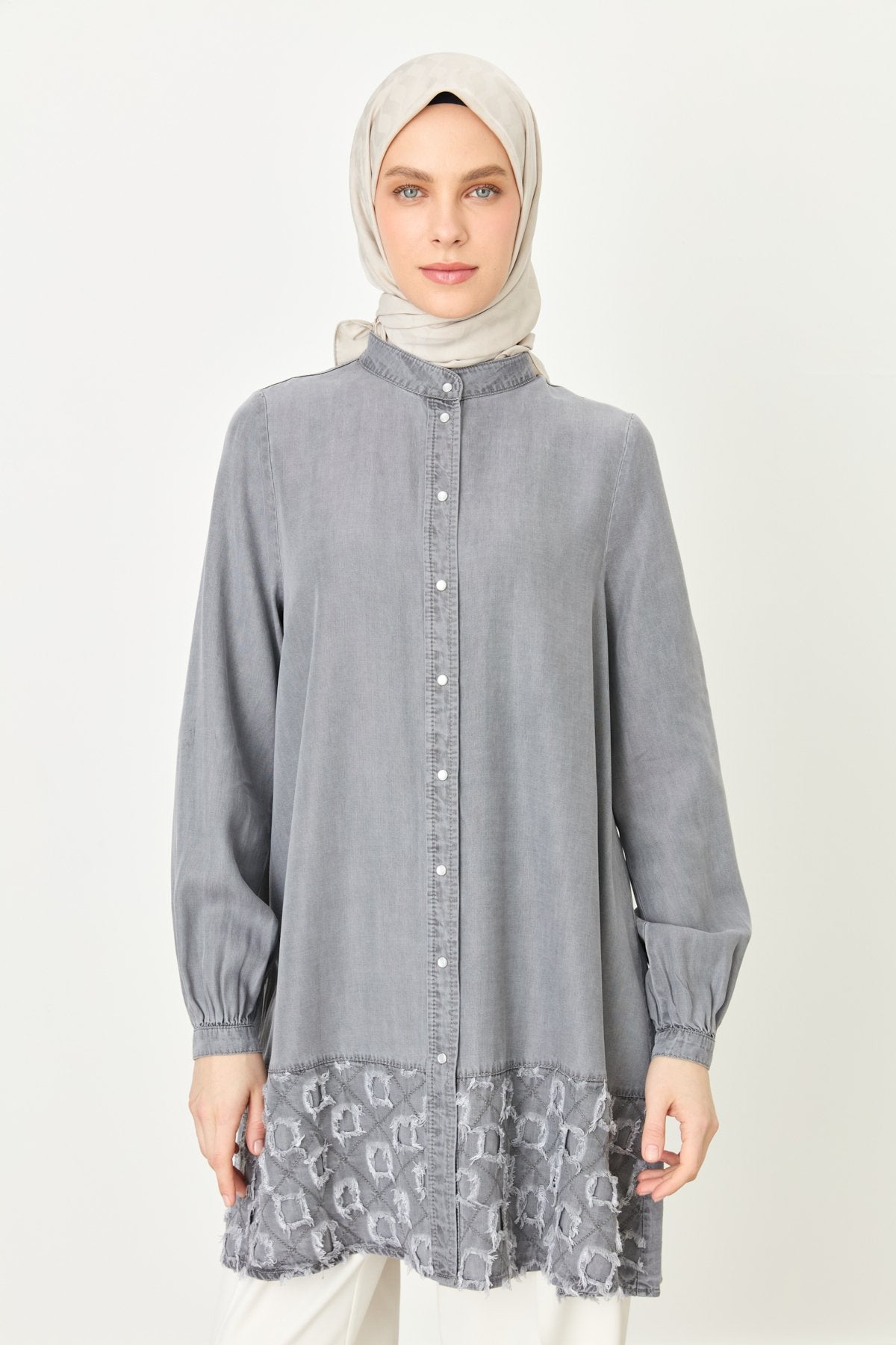 Etek Altı Detaylı Tencel Tunik - Gri