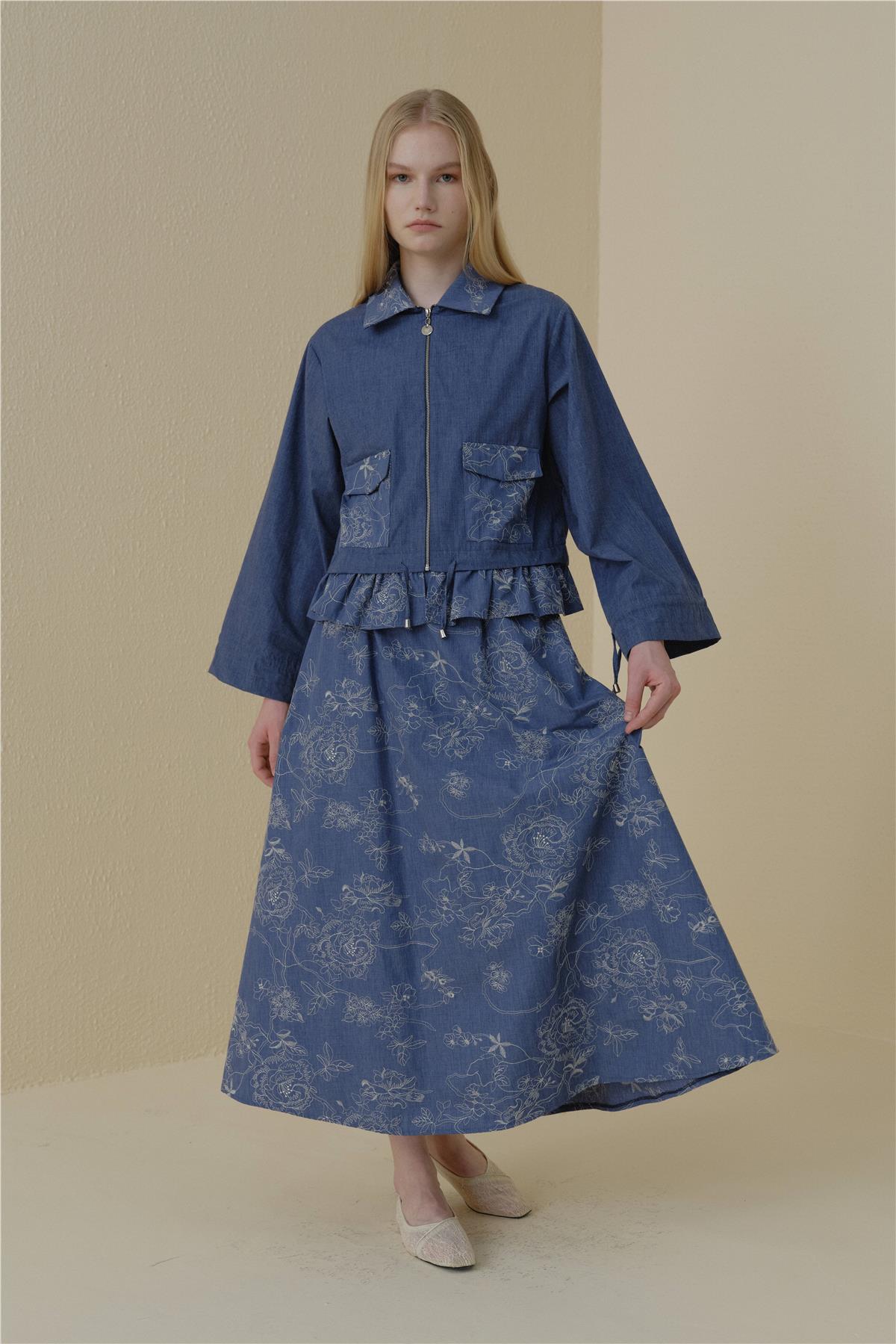 Skirt and Jacket Cotton Suit - Navy Blue