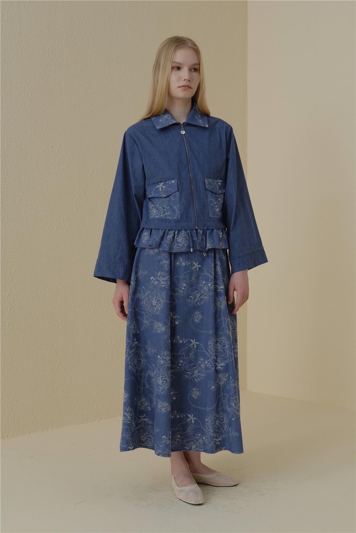 Skirt and Jacket Cotton Suit - Navy Blue