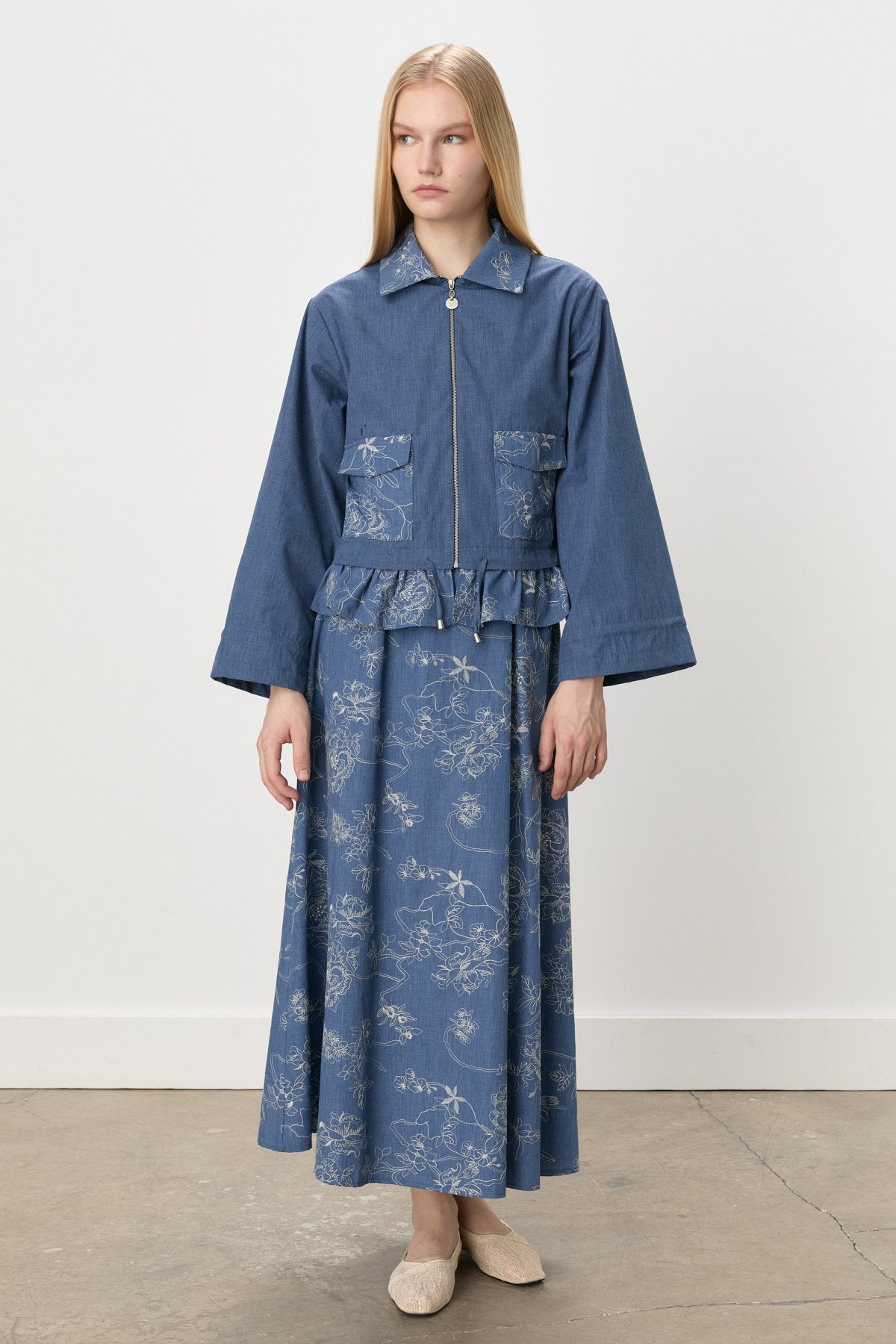 Skirt and Jacket Cotton Suit - Navy Blue