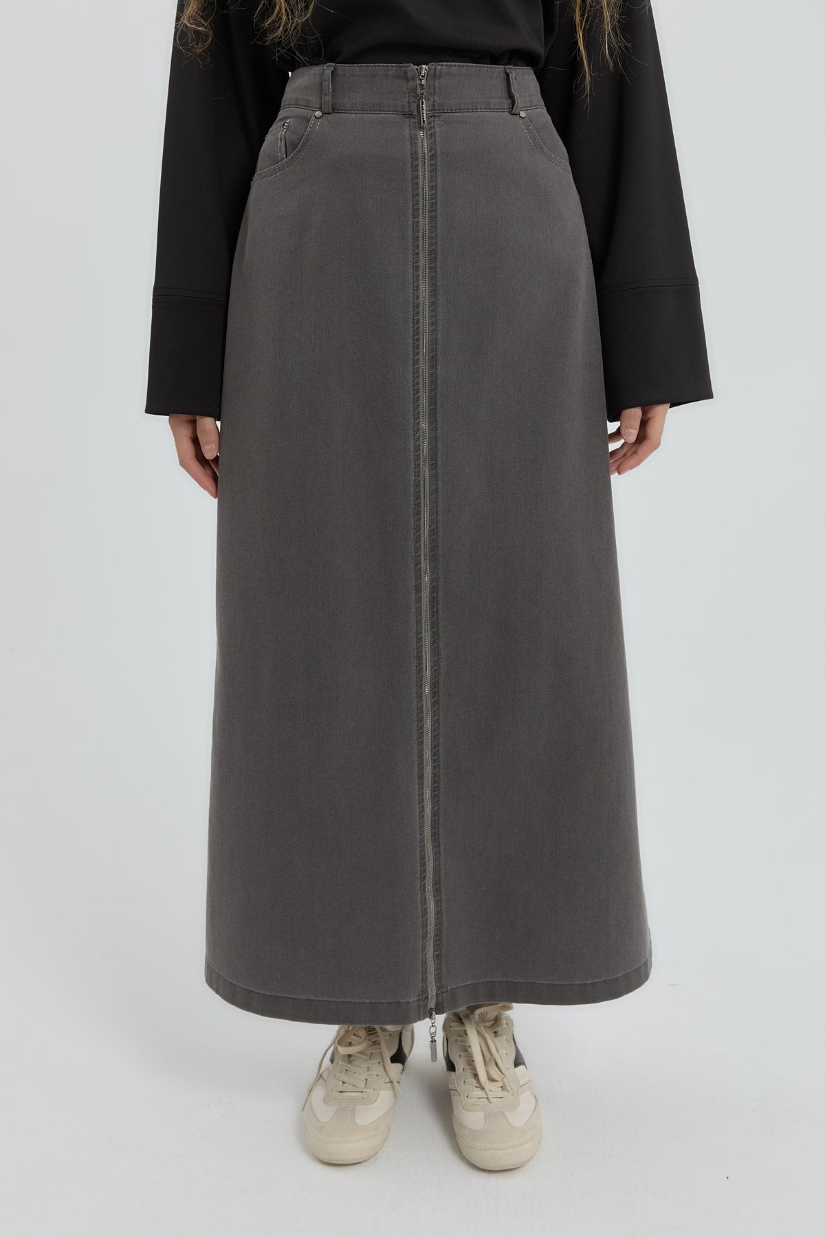 Denim Skirt with Zipper Detail - Grey