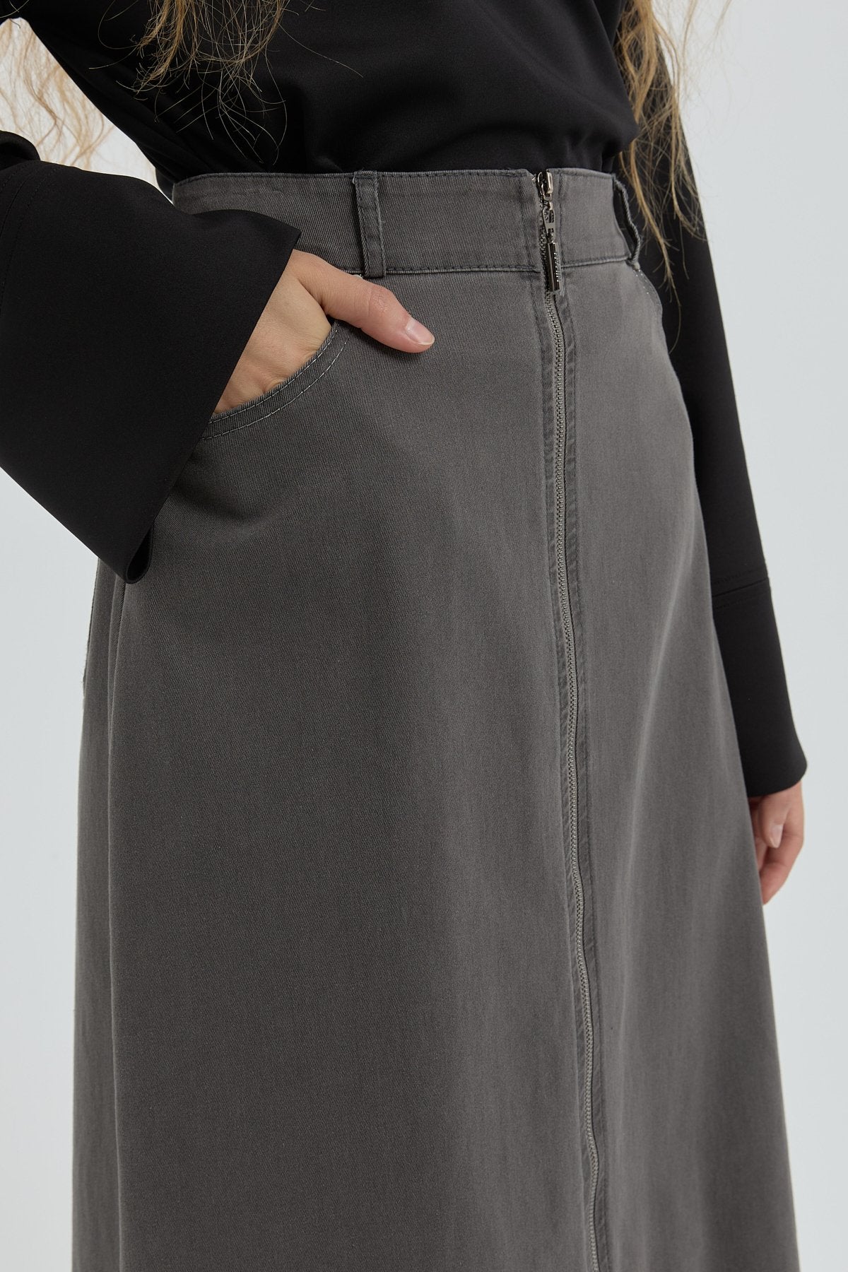 Denim Skirt with Zipper Detail - Grey