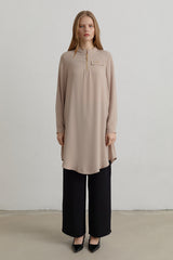 Zip Detail Mandarin Collar Basic Tunic - Beige