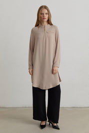 Zip Detail Mandarin Collar Basic Tunic - Beige