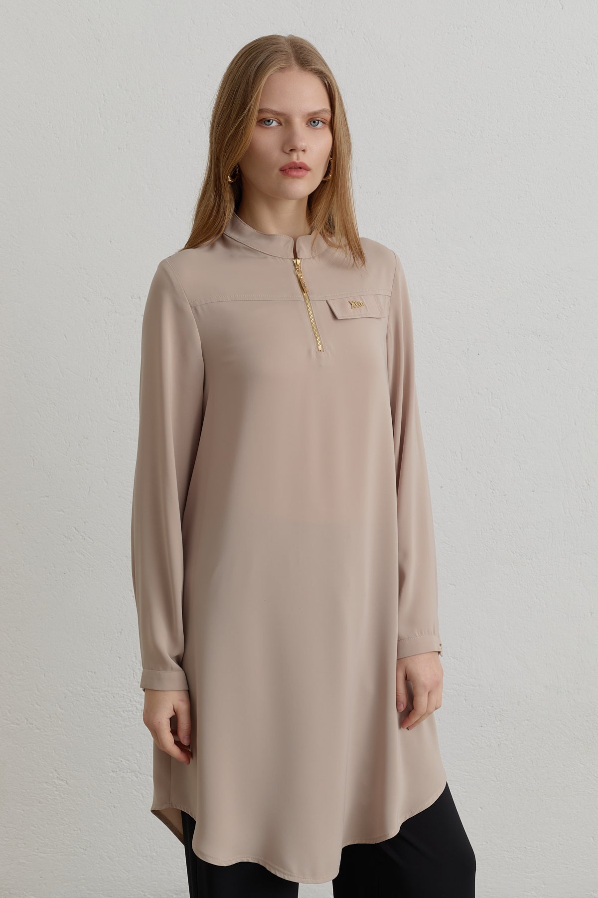 Zip Detail Mandarin Collar Basic Tunic - Beige