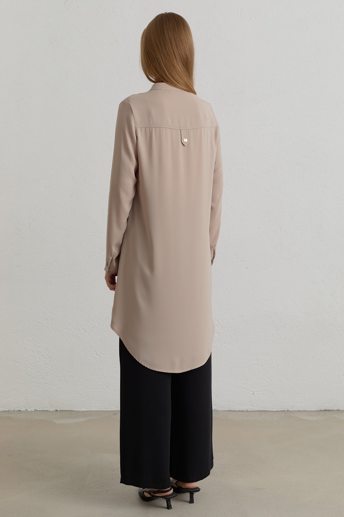 Zip Detail Mandarin Collar Basic Tunic - Beige