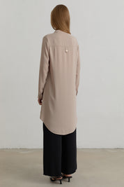 Zip Detail Mandarin Collar Basic Tunic - Beige