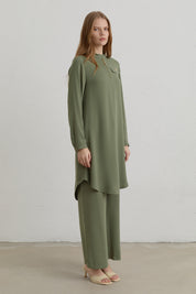 Mandarin Collar Basic Tunic with Zipper Detail - Green