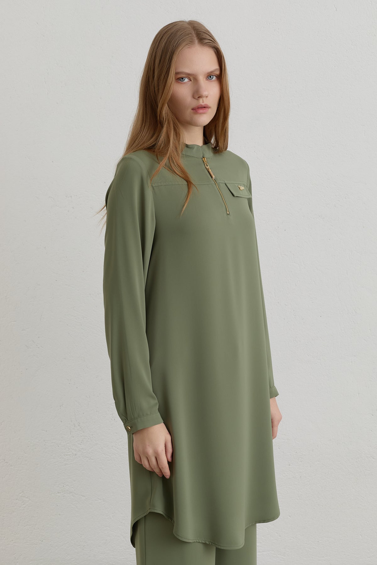 Mandarin Collar Basic Tunic with Zipper Detail - Green