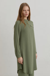 Mandarin Collar Basic Tunic with Zipper Detail - Green
