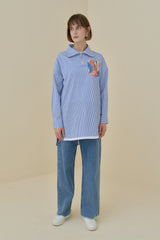 Striped Cotton Tunic with Zipper Detail Fabric Trim - Indigo