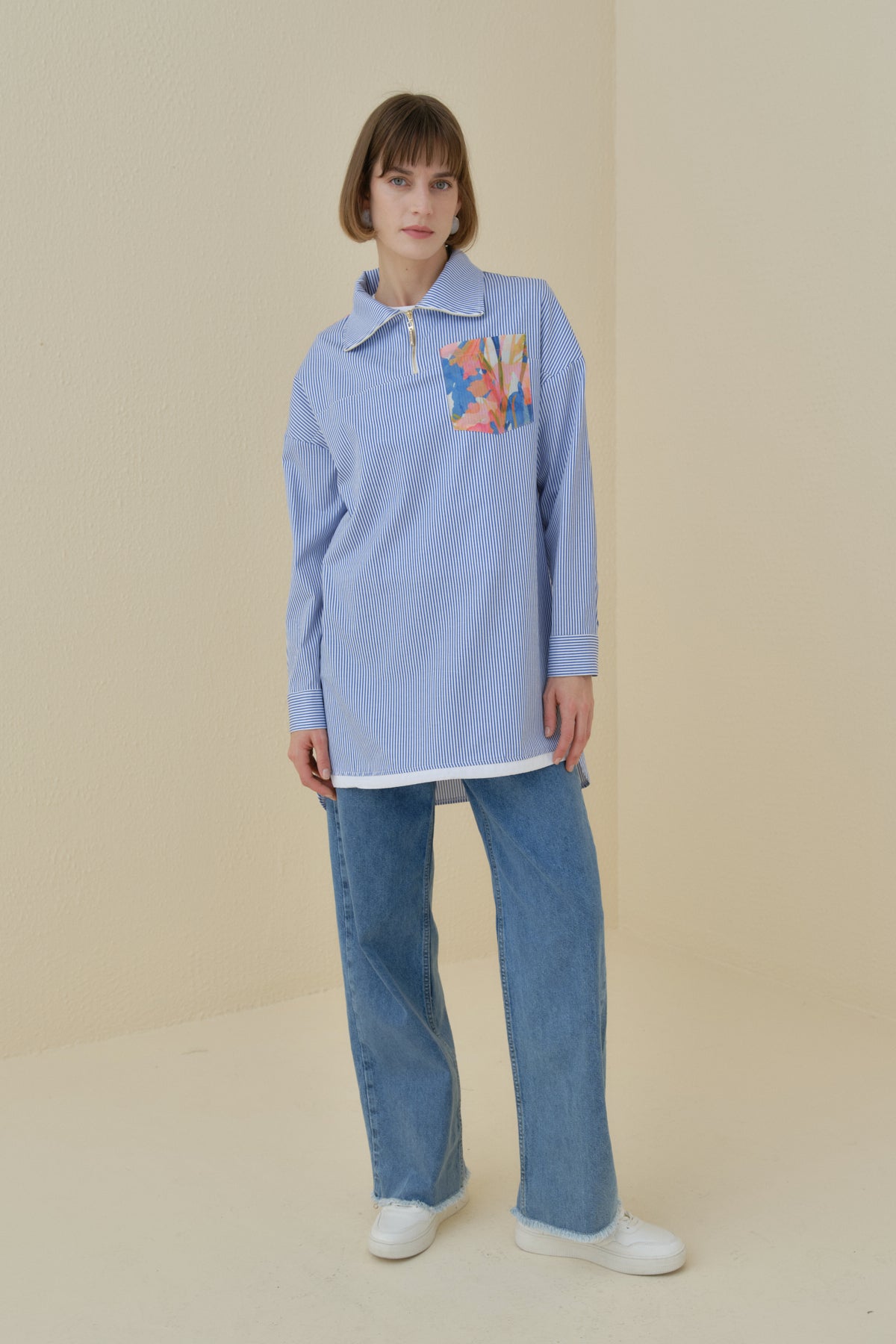 Striped Cotton Tunic with Zipper Detail Fabric Trim - Indigo