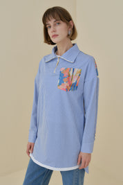Striped Cotton Tunic with Zipper Detail Fabric Trim - Indigo