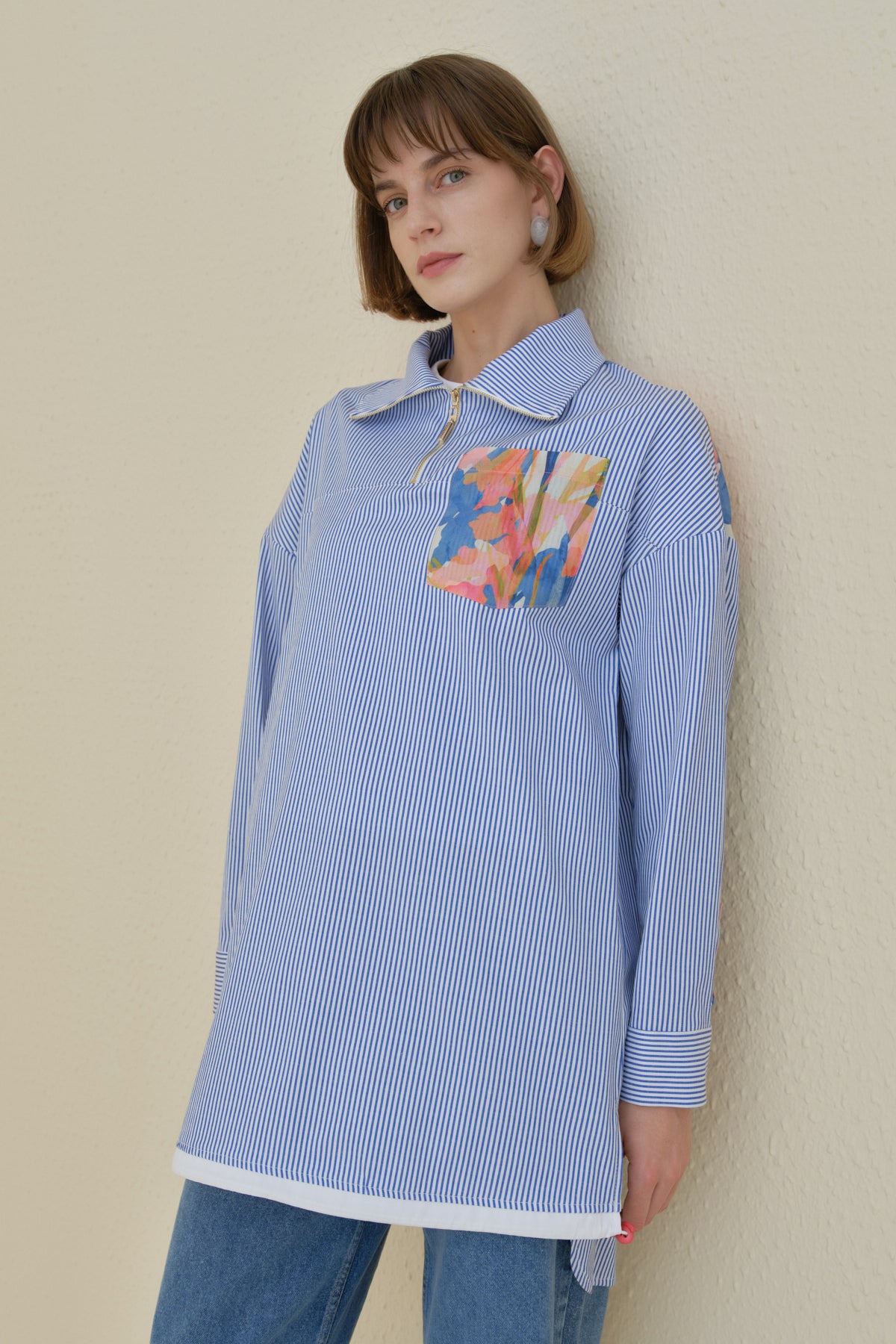Striped Cotton Tunic with Zipper Detail Fabric Trim - Indigo