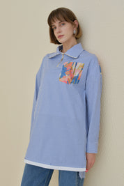 Striped Cotton Tunic with Zipper Detail Fabric Trim - Indigo