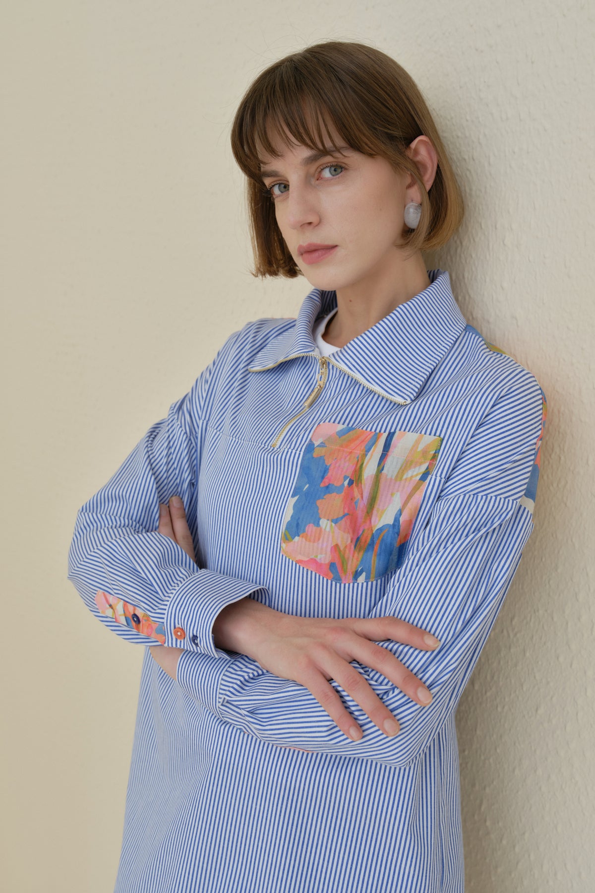 Striped Cotton Tunic with Zipper Detail Fabric Trim - Indigo