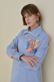 Striped Cotton Tunic with Zipper Detail Fabric Trim - Indigo