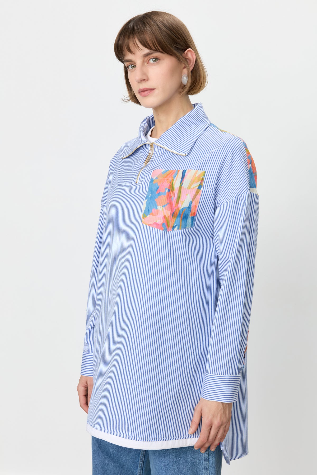 Striped Cotton Tunic with Zipper Detail Fabric Trim - Indigo