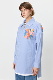 Striped Cotton Tunic with Zipper Detail Fabric Trim - Indigo