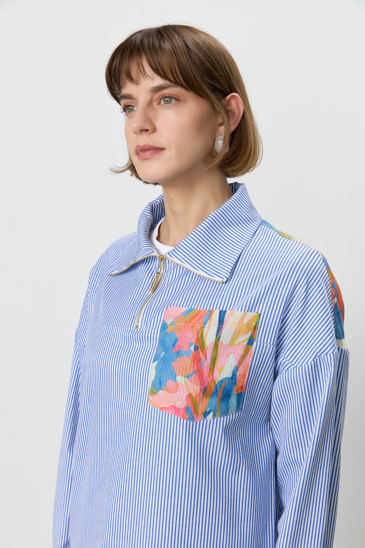 Striped Cotton Tunic with Zipper Detail Fabric Trim - Indigo