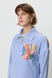 Striped Cotton Tunic with Zipper Detail Fabric Trim - Indigo