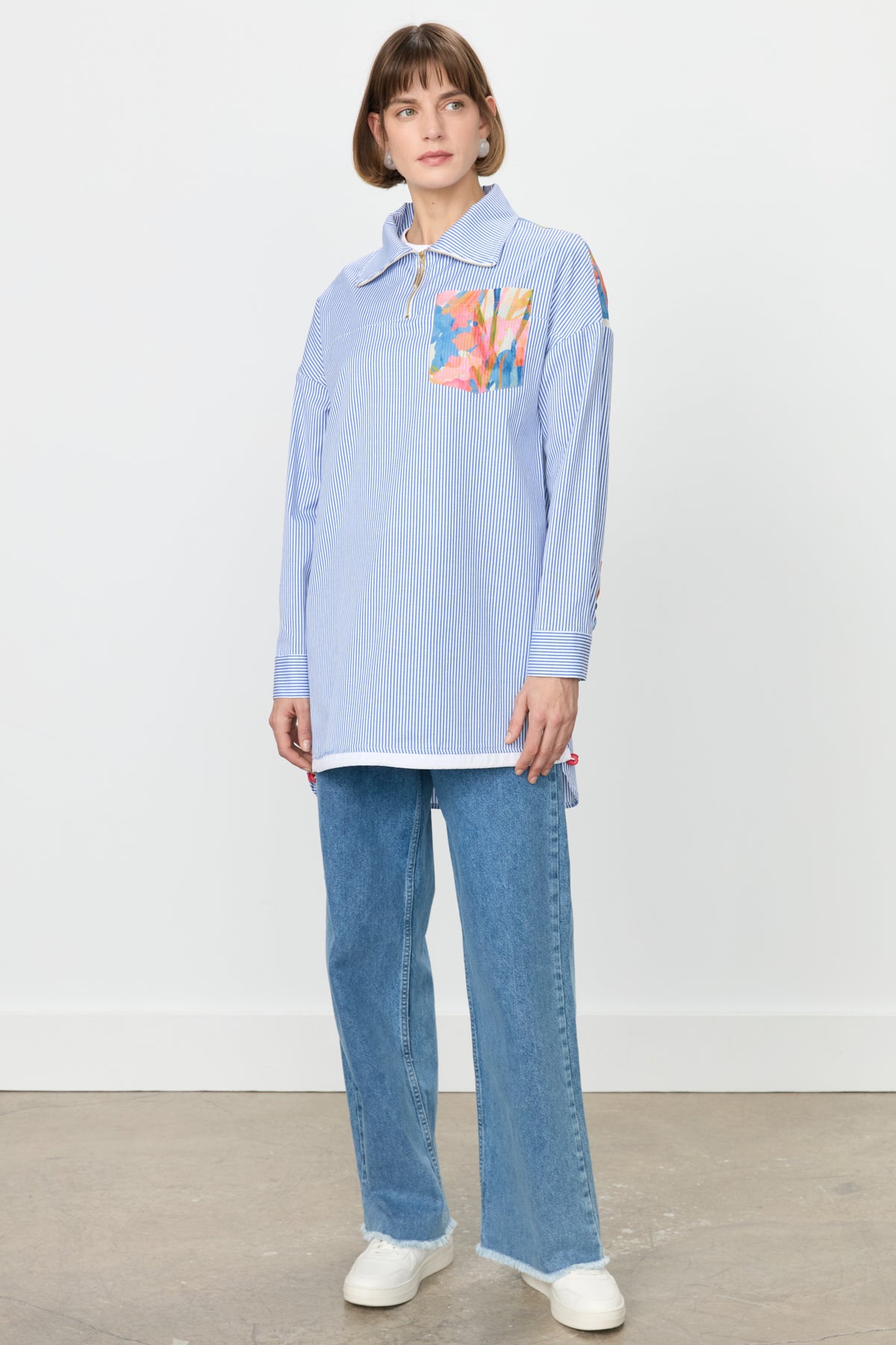 Striped Cotton Tunic with Zipper Detail Fabric Trim - Indigo