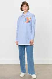 Striped Cotton Tunic with Zipper Detail Fabric Trim - Indigo