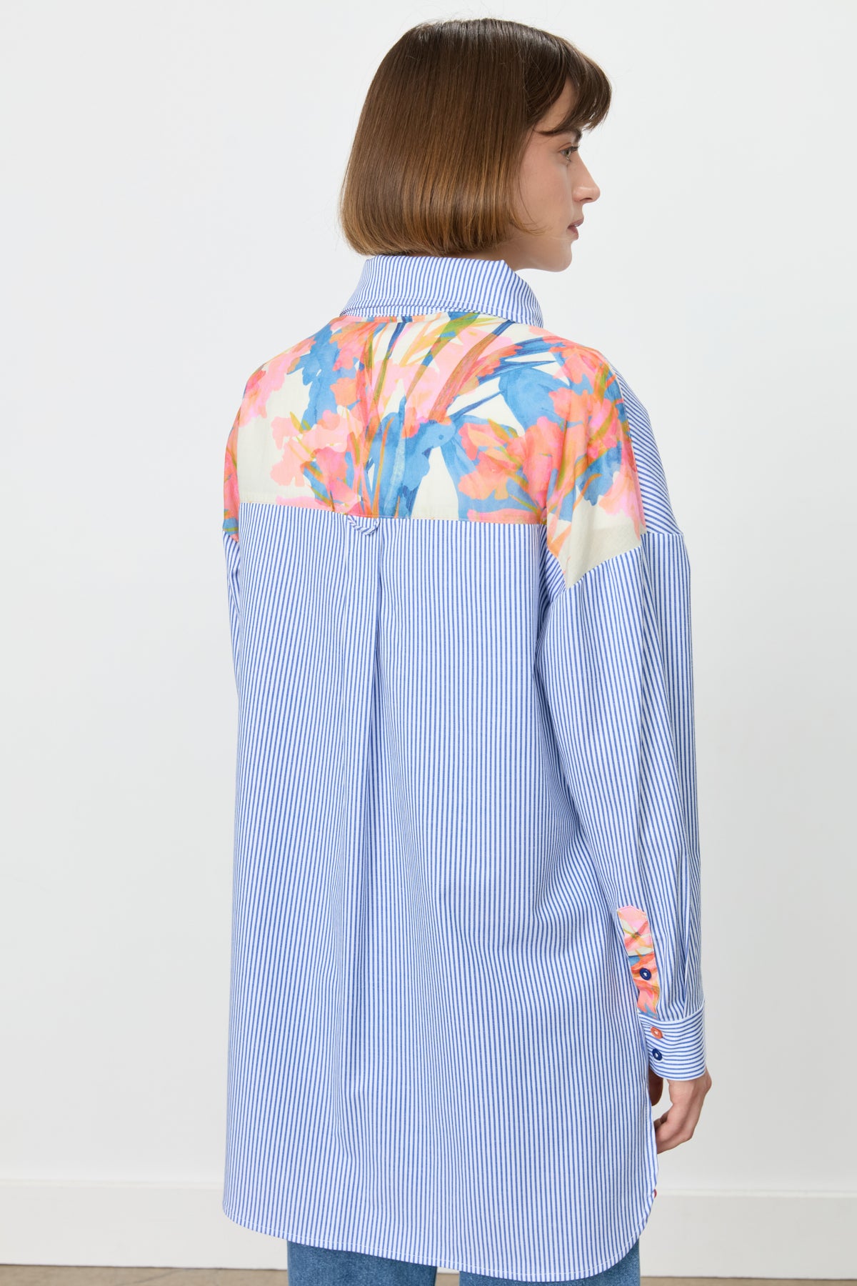 Striped Cotton Tunic with Zipper Detail Fabric Trim - Indigo