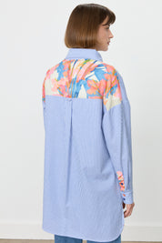 Striped Cotton Tunic with Zipper Detail Fabric Trim - Indigo