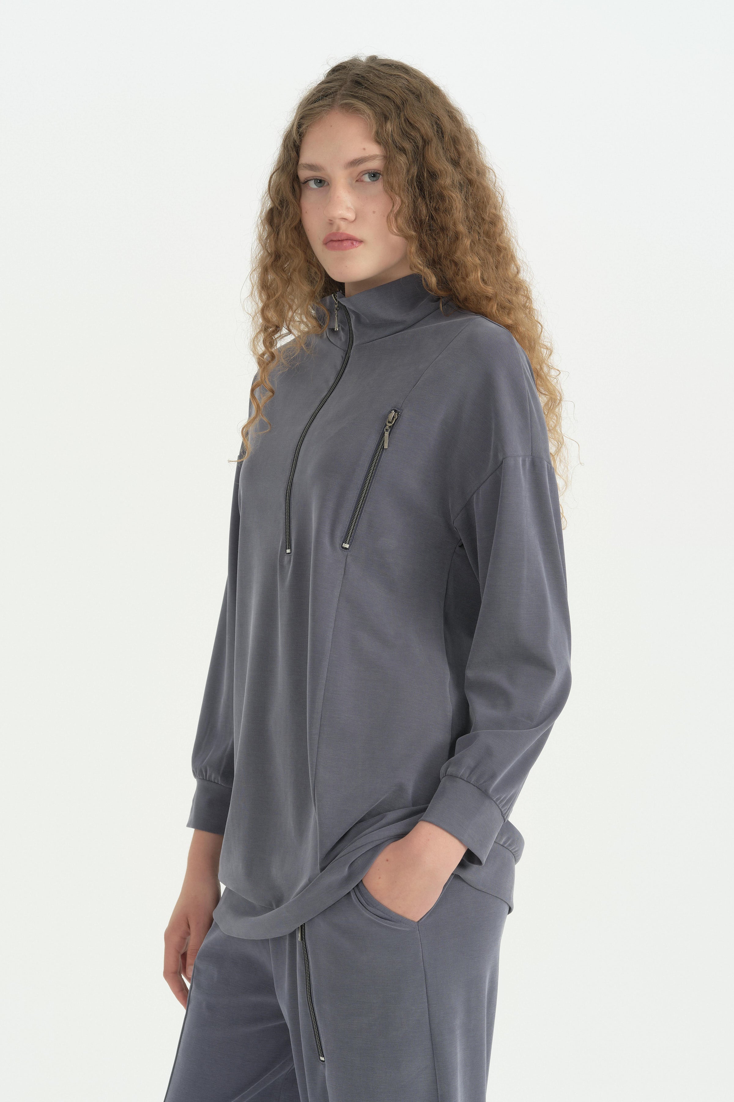 Fermuar Detaylı Oversize Pantolon Tunik Takım - İndigo