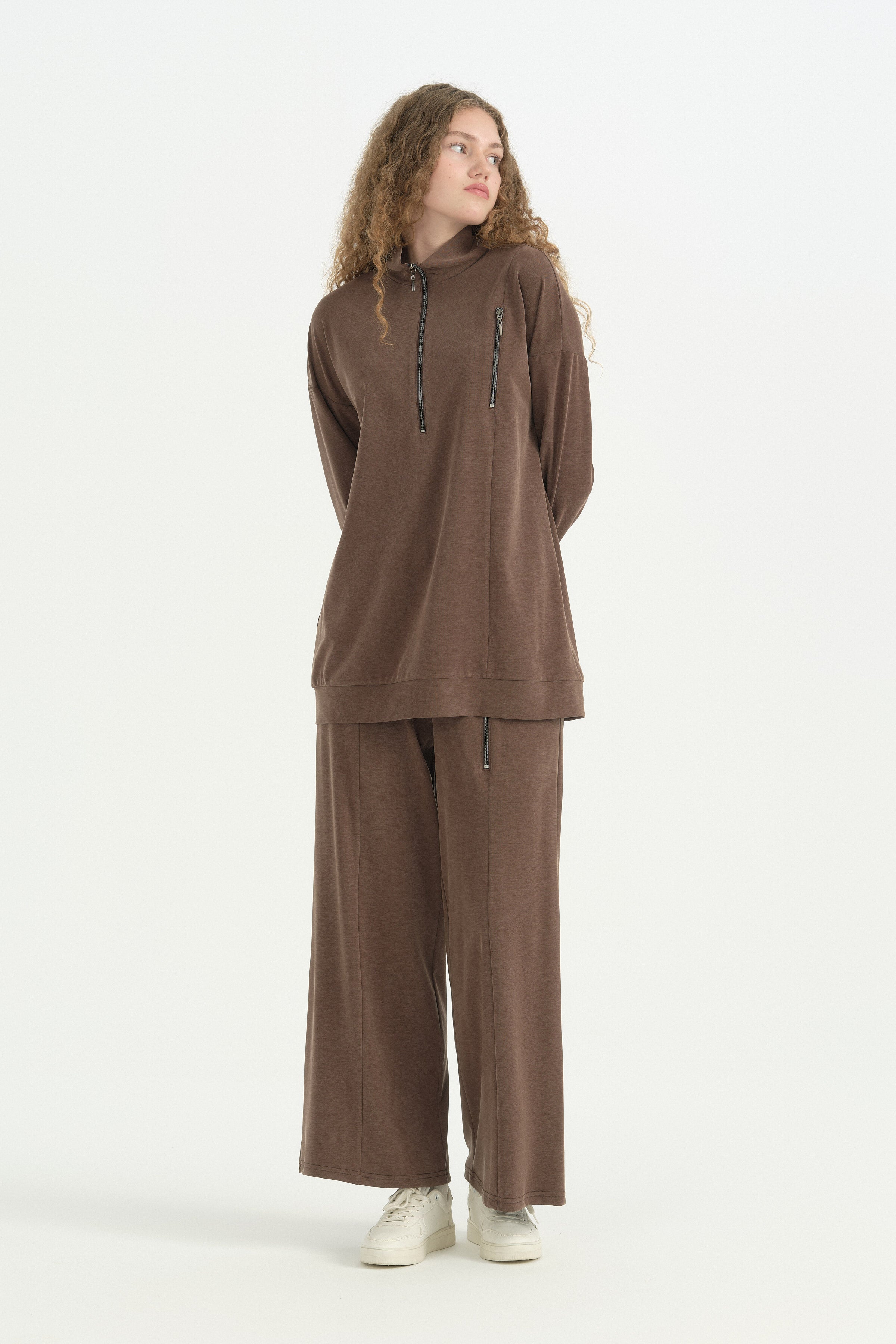 Fermuar Detaylı Oversize Pantolon Tunik Takım - Kahve