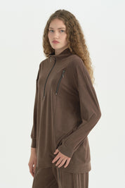 Fermuar Detaylı Oversize Pantolon Tunik Takım - Kahve
