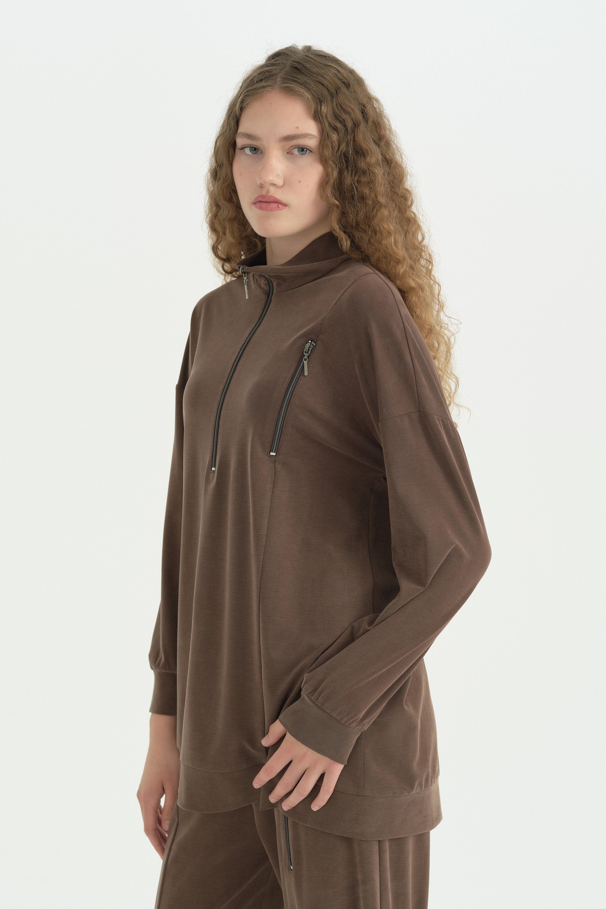 Fermuar Detaylı Oversize Pantolon Tunik Takım - Kahve