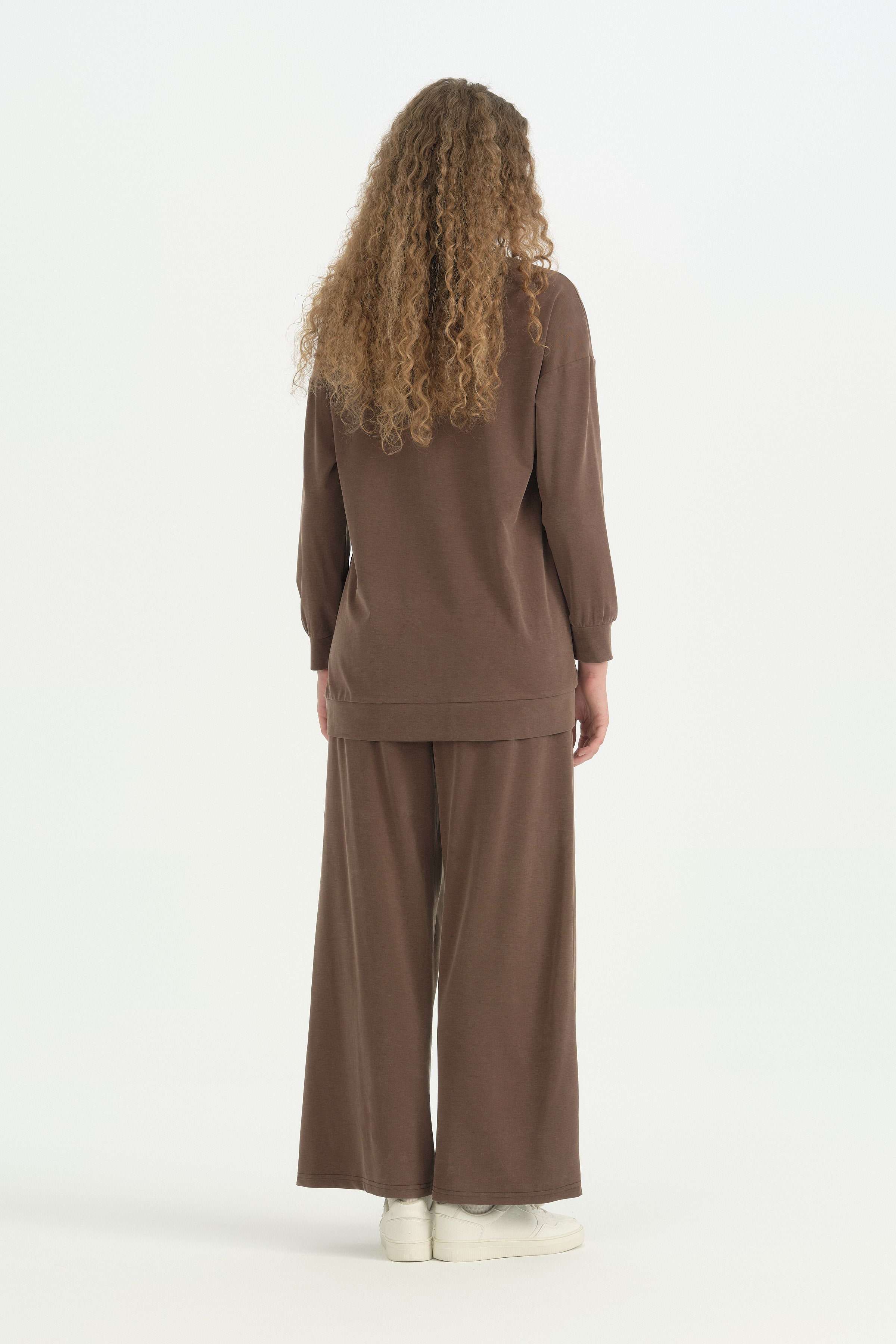 Fermuar Detaylı Oversize Pantolon Tunik Takım - Kahve