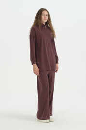 Fermuar Detaylı Oversize Pantolon Tunik Takım - Mürdüm