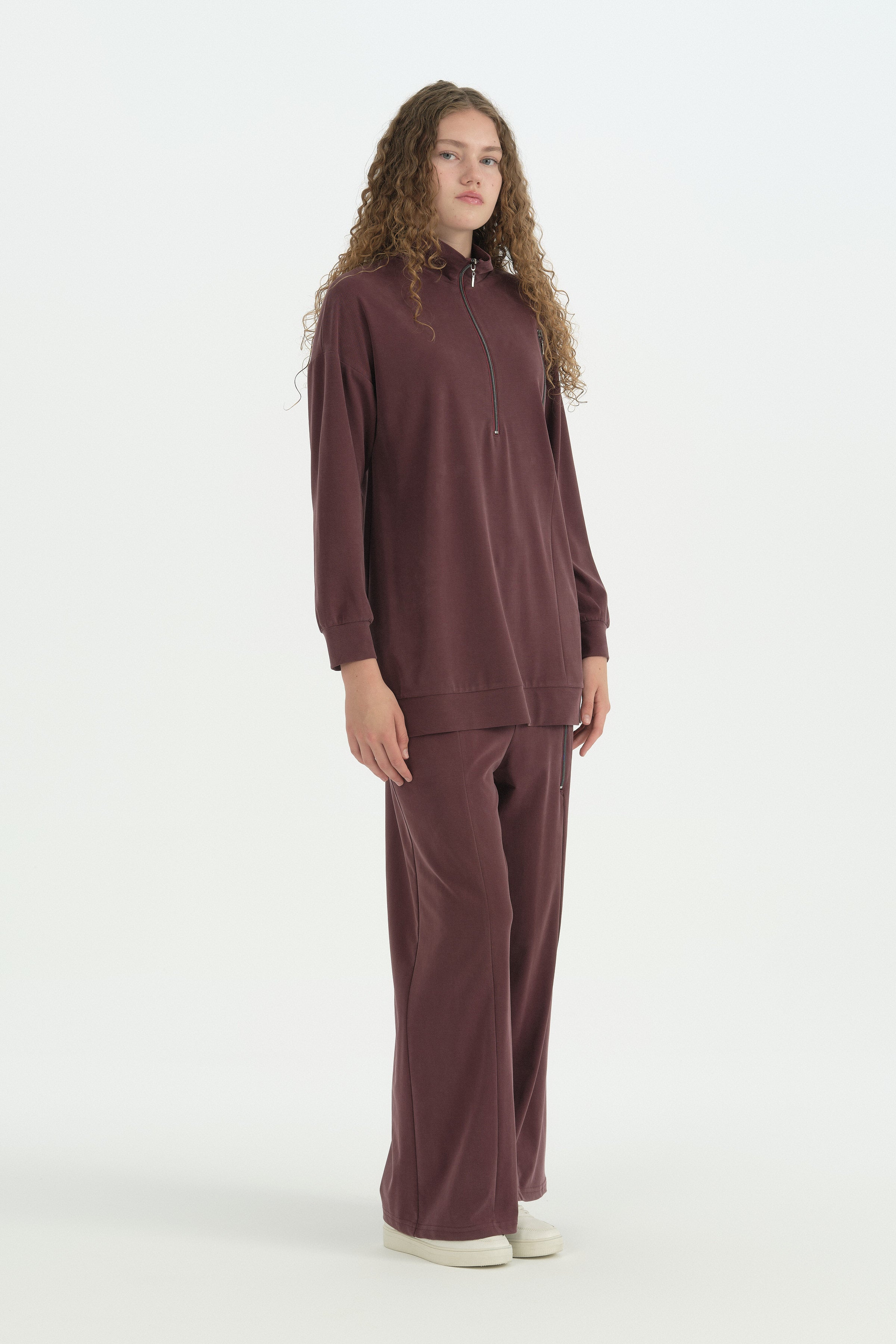 Fermuar Detaylı Oversize Pantolon Tunik Takım - Mürdüm