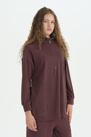 Fermuar Detaylı Oversize Pantolon Tunik Takım - Mürdüm