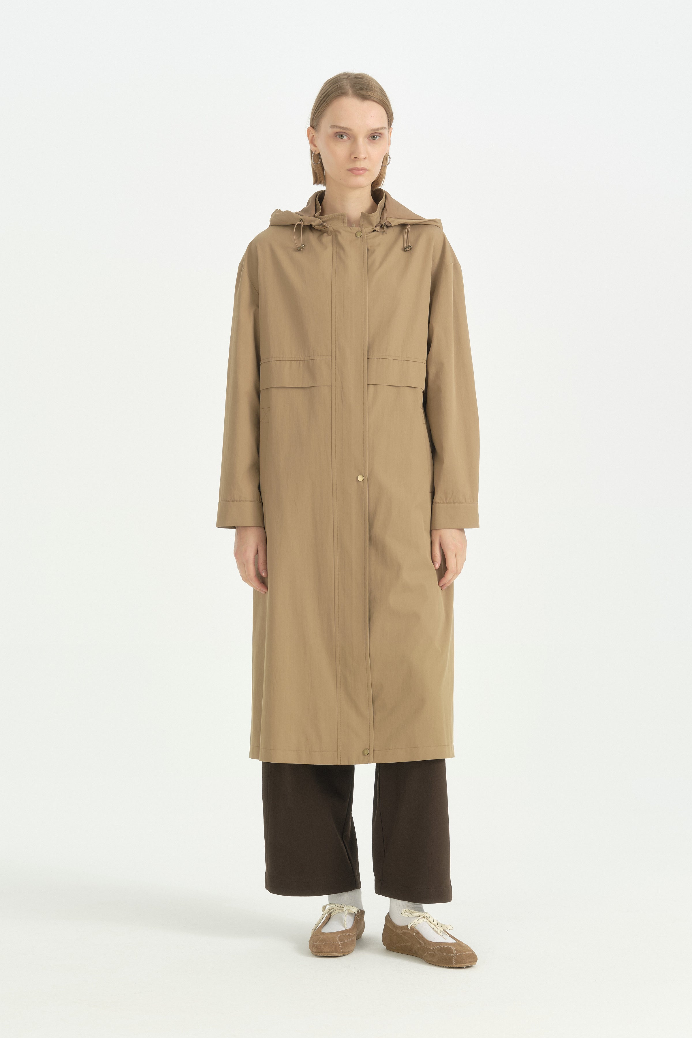 Fermuar Detaylı Oversize Spor Kap - Camel