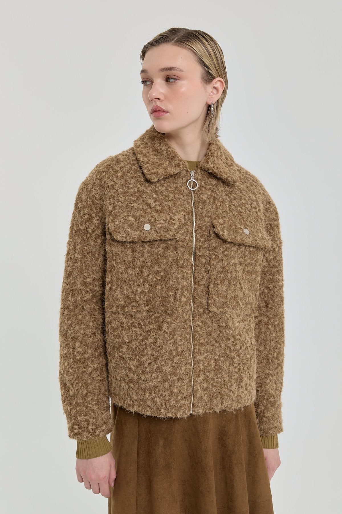 Short Cashmere Jacket with Zipper - Light Brown