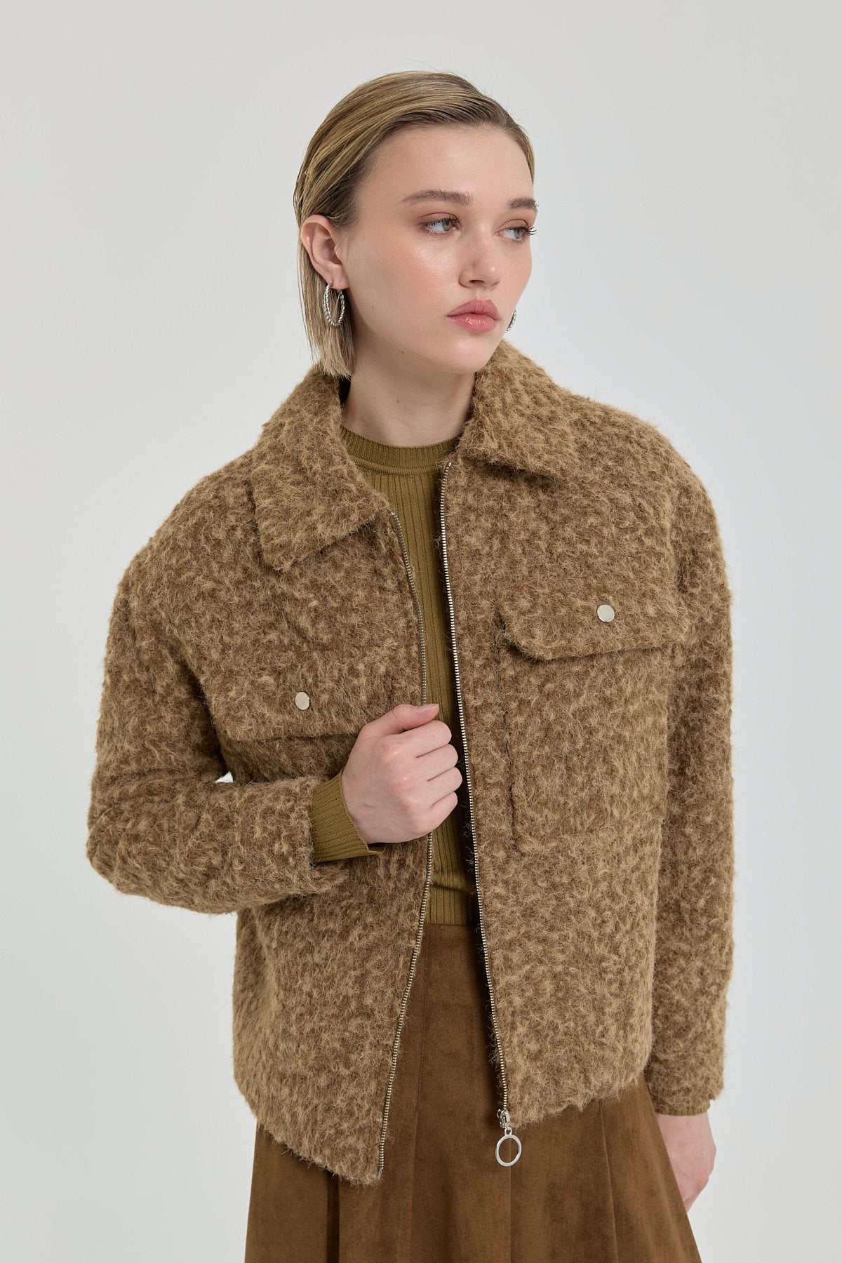 Short Cashmere Jacket with Zipper - Light Brown