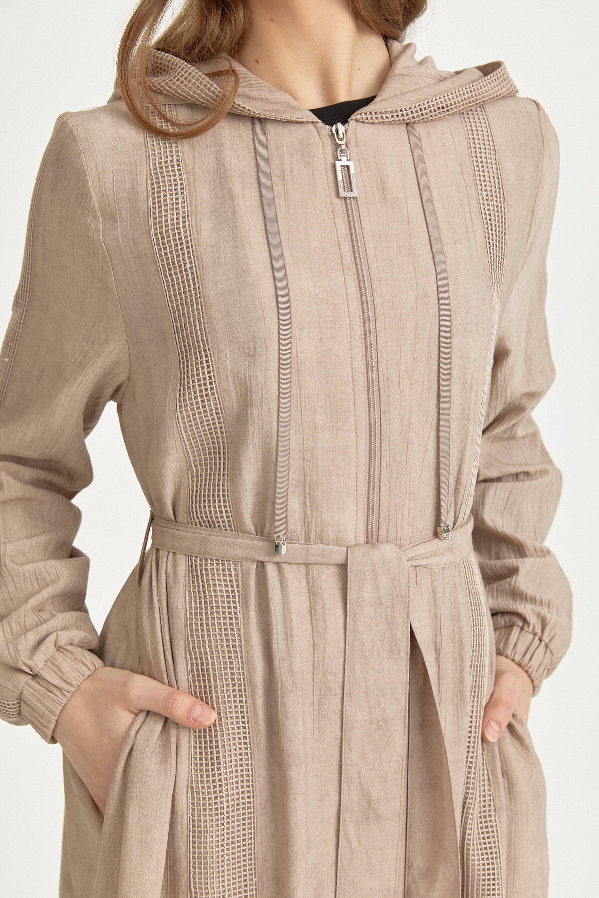Mesh Fabric Mixed Hooded Rayon Cardigan - Beige