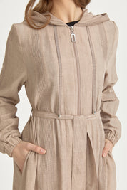 Mesh Fabric Mixed Hooded Rayon Cardigan - Beige