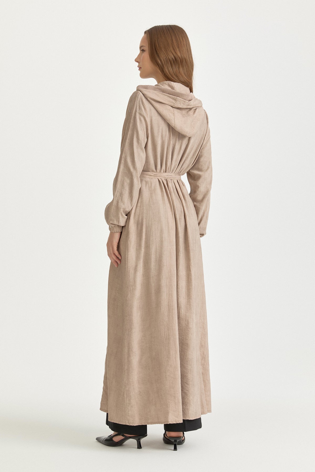 Mesh Fabric Mixed Hooded Rayon Cardigan - Beige