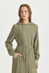 Mesh Fabric Mixed Hooded Rayon Cardigan - Khaki