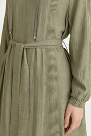 Mesh Fabric Mixed Hooded Rayon Cardigan - Khaki