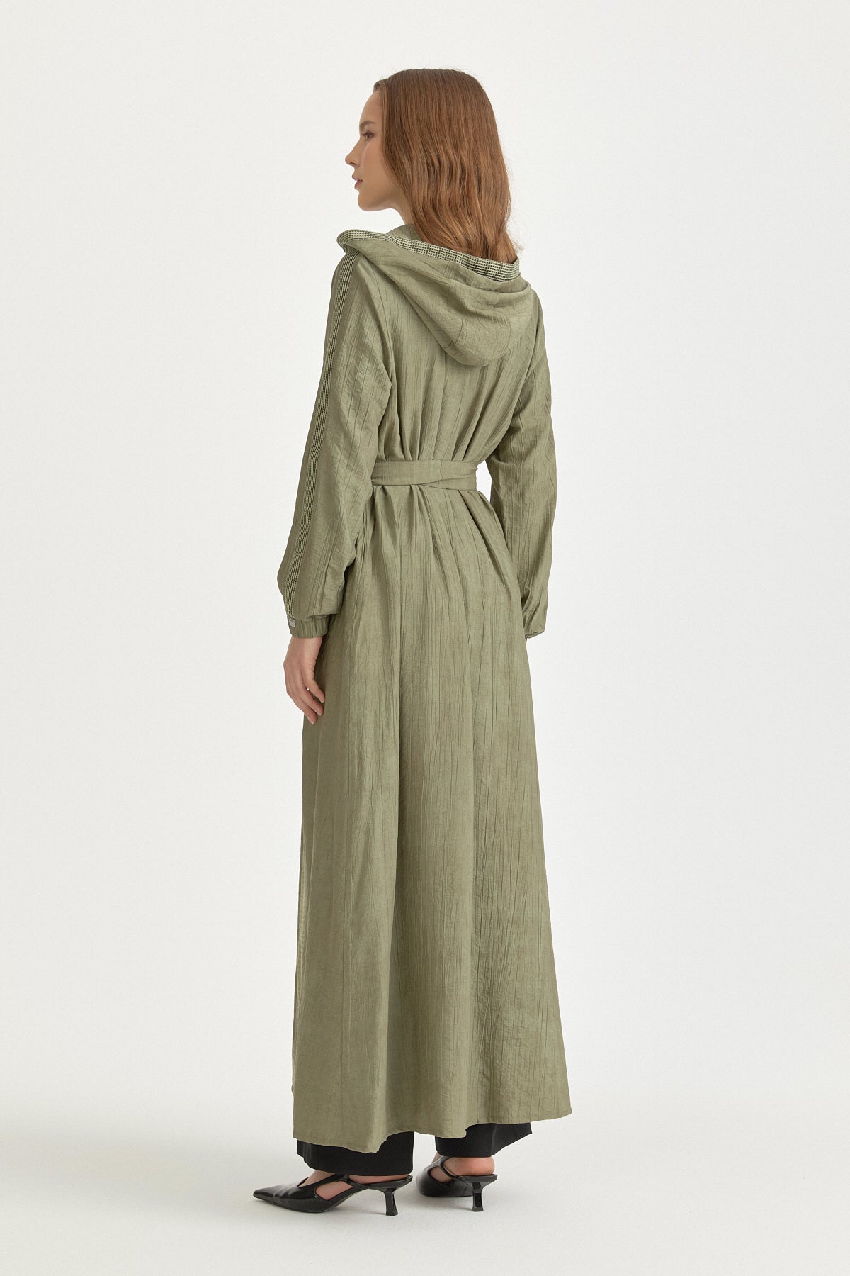 Mesh Fabric Mixed Hooded Rayon Cardigan - Khaki