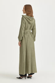 Mesh Fabric Mixed Hooded Rayon Cardigan - Khaki