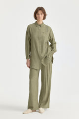 Rayon Tunic and Pants Set with Net and Stone Accessory Detail - Khaki