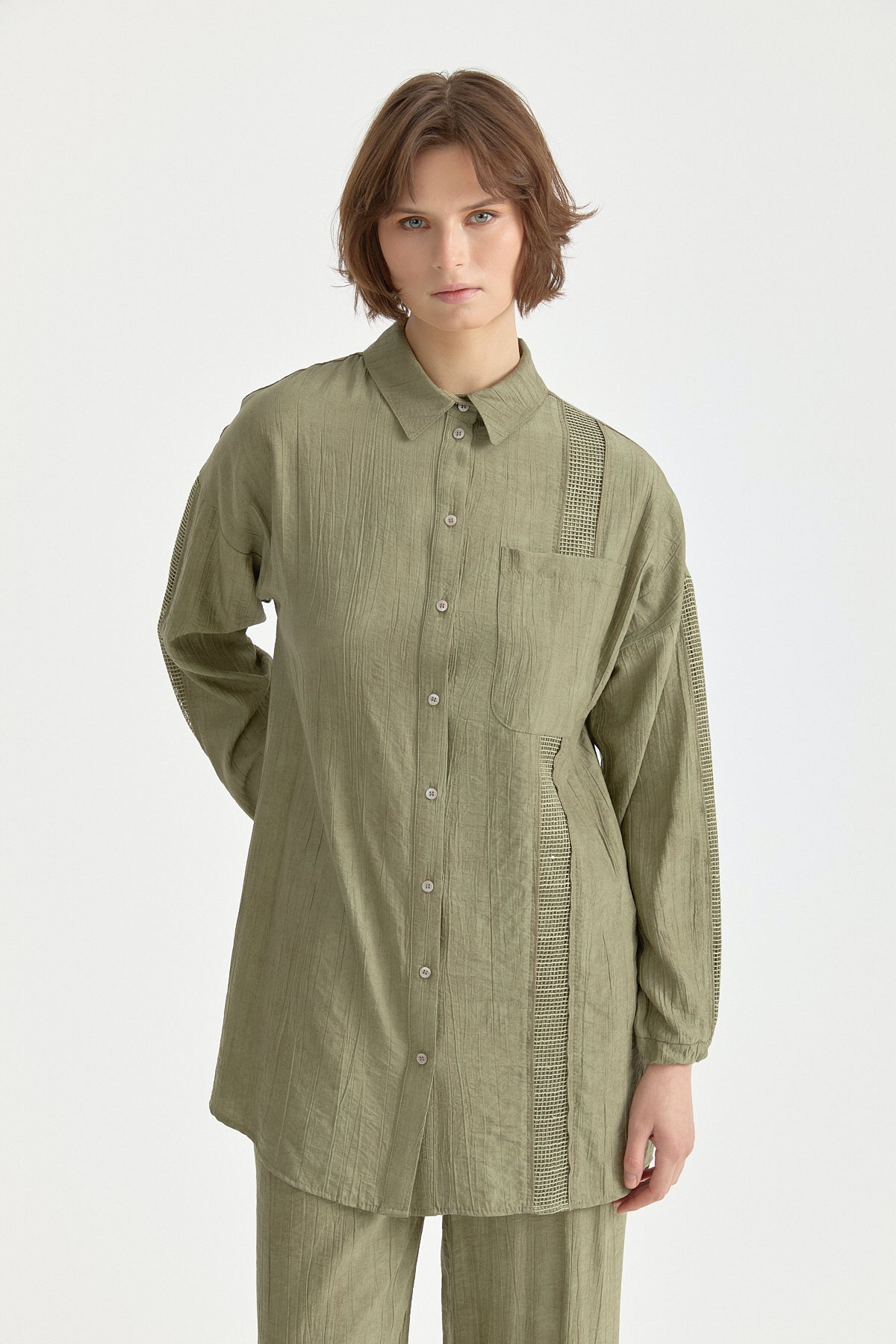 Rayon Tunic and Pants Set with Net and Stone Accessory Detail - Khaki