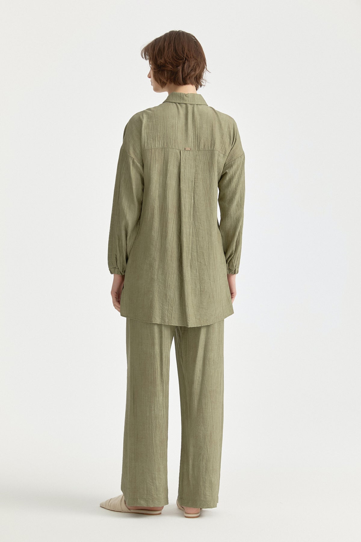 Rayon Tunic and Pants Set with Net and Stone Accessory Detail - Khaki
